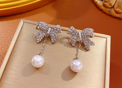 Crystal Rhinestone Bow Pearl Drop Stud Earrings