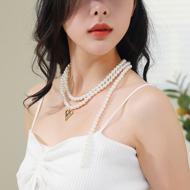 Layers Pearl Necklace Women Jewelry Heart Pendant - FASHION SHEGOODS LLC