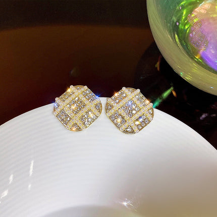 Geometric Rhinestone Small Pearl Square Earrings - FASHION SHEGOODS LLC