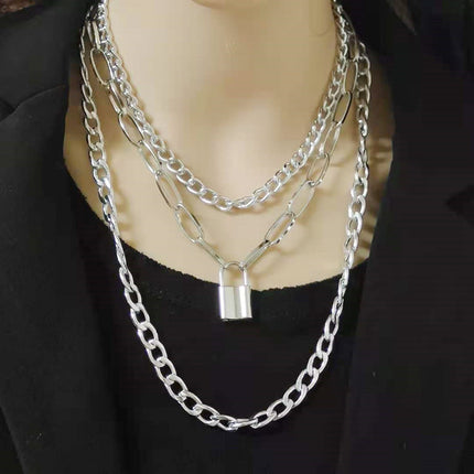 Layered Chain Necklace Neck Chains Lock Pendant Jewelry - FASHION SHEGOODS LLC
