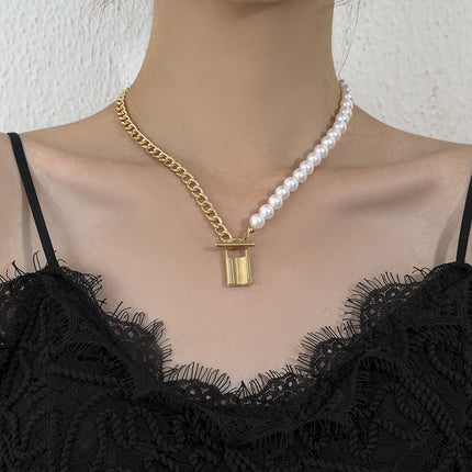 Pearl Chain Bead Link Lock Pendant Necklace - FASHION SHEGOODS LLC