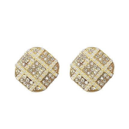 Geometric Rhinestone Small Pearl Square Earrings - FASHION SHEGOODS LLC