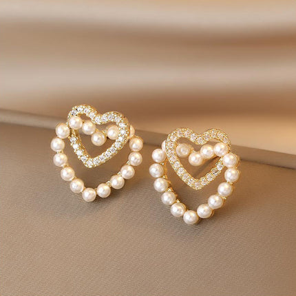 Elegant White Pearl Heart Stud Earrings