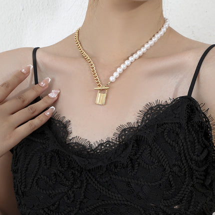 Pearl Chain Bead Link Lock Pendant Necklace - FASHION SHEGOODS LLC