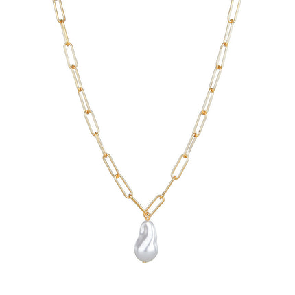 Paper Clip Chain Necklace Baroque Large Pearl Pendant - FASHION SHEGOODS LLC