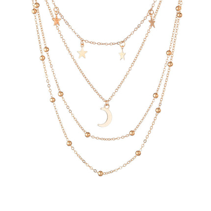 Fashion Star and Moon Three Layer Plated Gold Necklace