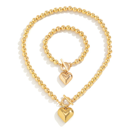 Fashion Heart Pendant Beaded Necklace Earrings Bracelet Jewelry Set