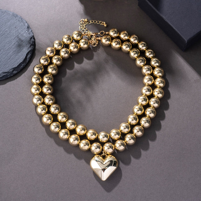 Multi-layer Round Beaded Necklace CCB love Pendent