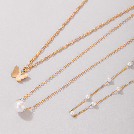 Multi Layers Pearl Butterfly Charm Necklace - FASHION SHEGOODS LLC