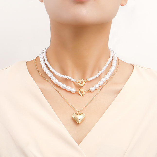 Multi-layer Pearl Necklace Exaggerated Double Layer Gold Heart Pendant Necklace - FASHION SHEGOODS LLC