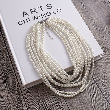 8 Layers Strand Simulated Pearl Strand Bib Necklace Choker Chain Necklace