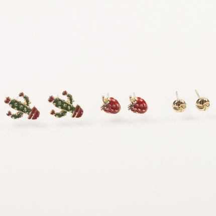Cactus strawberry stud earrings set