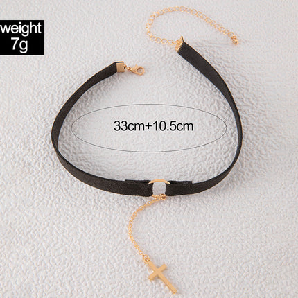 Punk Cross Tassel Pendant Black Short Choker Necklace