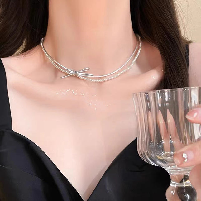 Leather Bowknot Collarbone Chain Choker Link Chain Necklace
