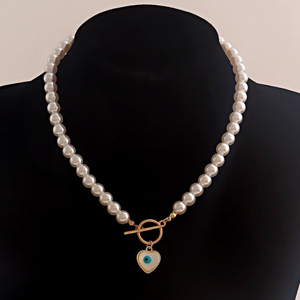 Pearl Beads Chain Necklace Blue Turquoise Heart Pendant Choker - FASHION SHEGOODS LLC