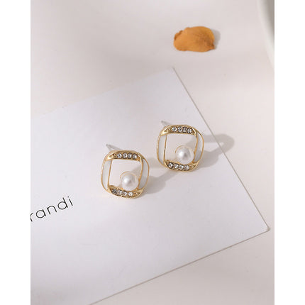 Geometry Hollow Rhinestone Pearl Stud Earrings - FASHION SHEGOODS LLC