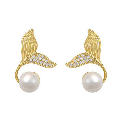 Graceful Pearl Mermaid Tail Stud Earrings