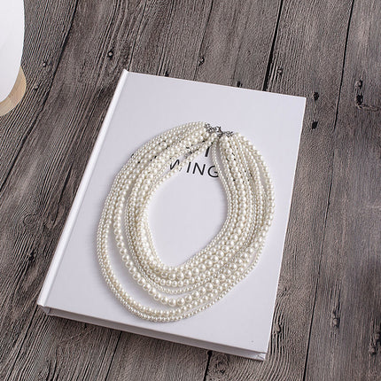 8 Layers Strand Simulated Pearl Strand Bib Necklace Choker Chain Necklace