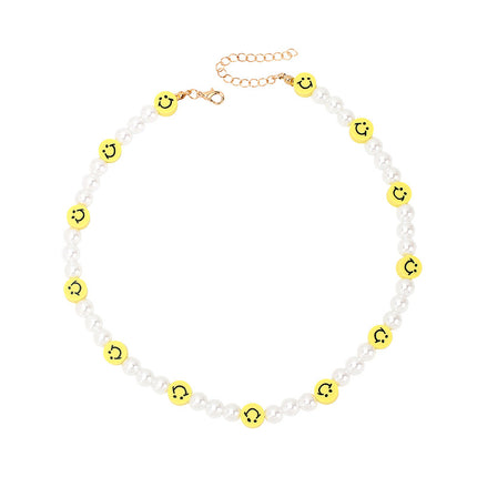 Bohemian Style Smiley Face and White Resin Pearl Necklace
