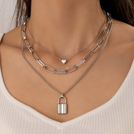 Multi Layered Thick Chain Love Lock Pendant Choker Necklace - FASHION SHEGOODS LLC