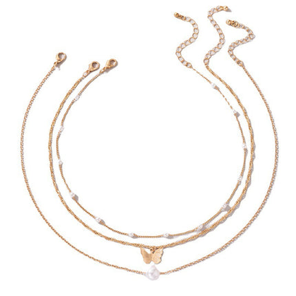 Multi Layers Pearl Butterfly Charm Necklace - FASHION SHEGOODS LLC