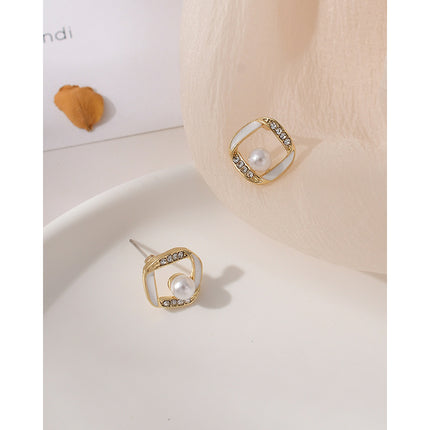 Geometry Hollow Rhinestone Pearl Stud Earrings - FASHION SHEGOODS LLC