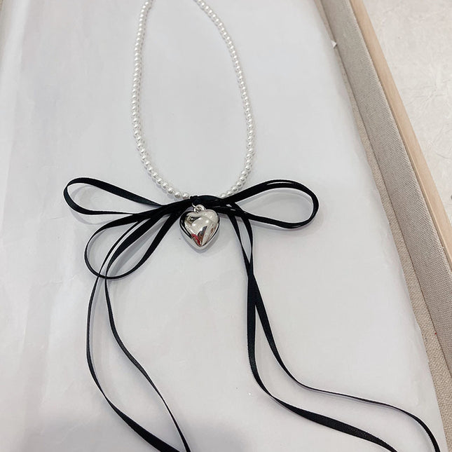 Ribbon Bow Silver Heart Pendant Pearl Choker