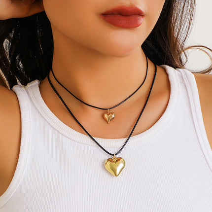 Heart Pendant Black Leather Wax Necklace