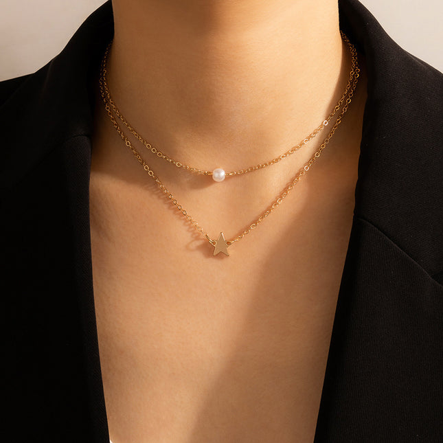 Star Pendant Imitation Pearl Necklace Double Layer