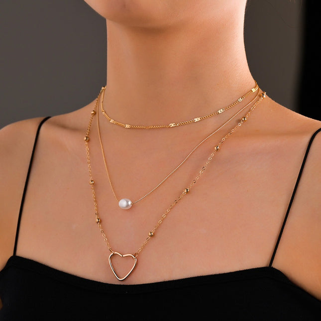 Beads Chain Pearl Hollowed Out Love Necklace