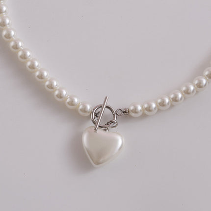 Glass Pearl Love Pendant Necklace with Clavicle Chain - FASHION SHEGOODS LLC