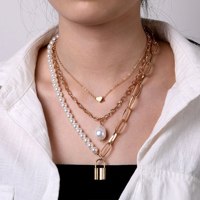 Heart Star Charm Paperclip Chain Choker Necklace Layered Lock Pendant - FASHION SHEGOODS LLC