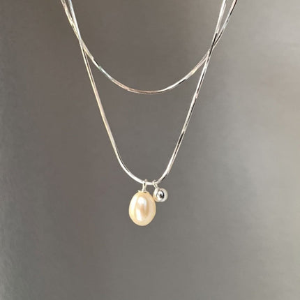 Vintage Pearl Bead Pendant Double-Layer Snake Chain Necklace
