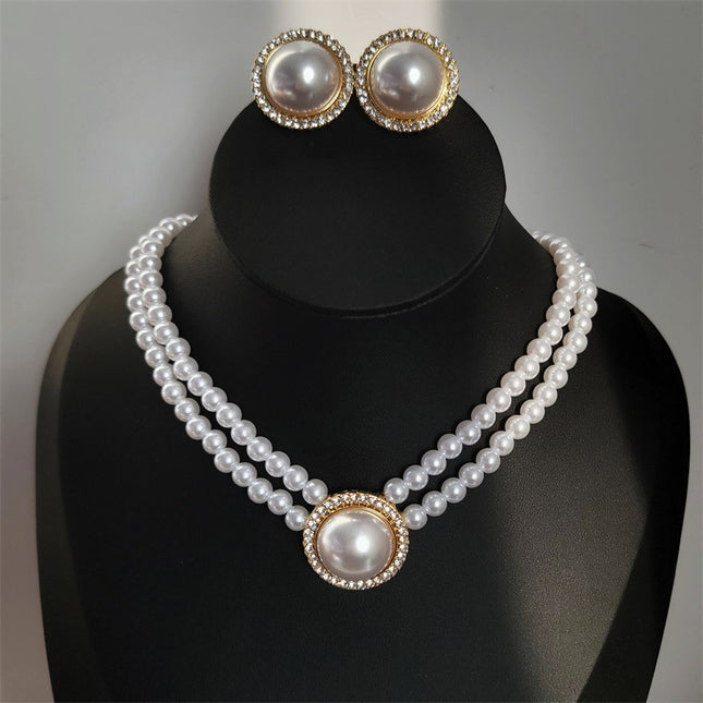 Pearl Double Clavicle Chain Flash Round Pearl Earring Necklace Set