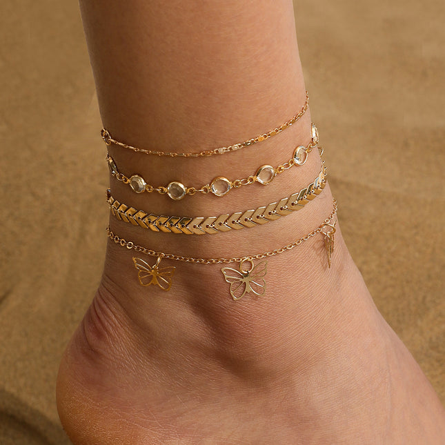 Rhinestone Butterfly Anklet Set Multi Layer Women Summer Beach Anklet Jewelry