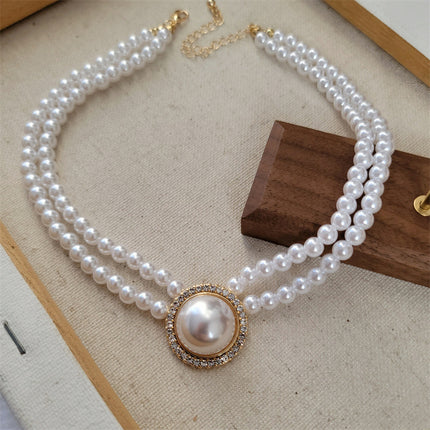 Vintage Bridal Pearl Stud Earrings Ring Pearl Beaded Rhinestone Choker Necklace Jewelry Set