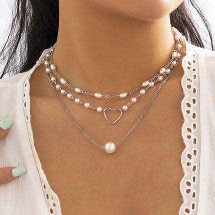 Geometric Beads Chain Twin Necklace Pearl Hollowed Out Love Necklace - FASHION SHEGOODS LLC