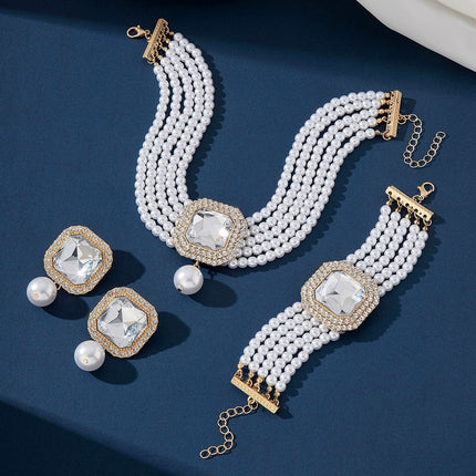 Exaggerated Bride Jewelry Women's Imitation Pearl Necklace Earrings Set