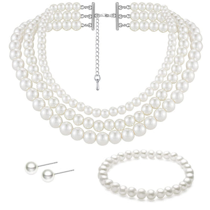 Vintage Dainty Multilayer Faux Pearl Choker Necklaces and Earrings