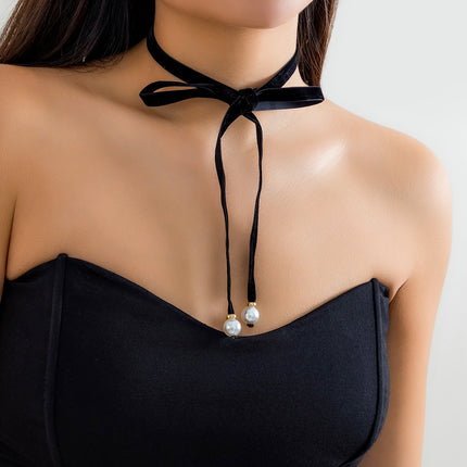 Velvet Pearl Bow Ribbon Choker Simple Long Lace up Choker Necklaces