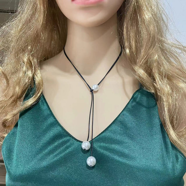 Black Wax Rope Faux Pearl Pendant Necklace
