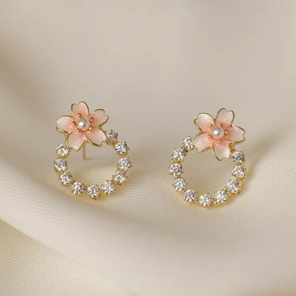 Pink Cherry Blossom Wreath Stud Earrings