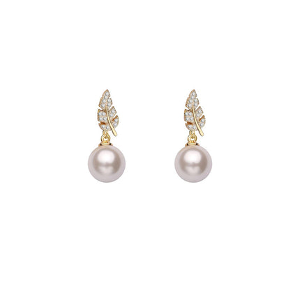 Pearl Rhinestone Leaf Earrings