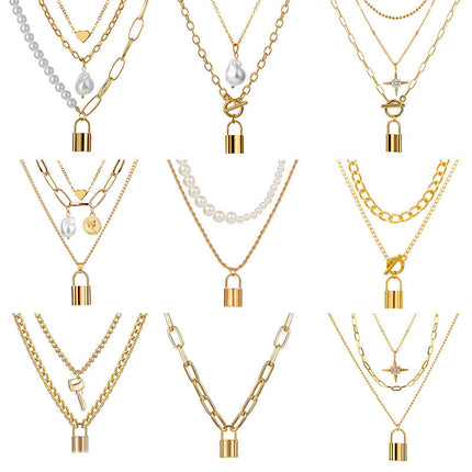 Heart Star Charm Paperclip Chain Choker Necklace Layered Lock Pendant - FASHION SHEGOODS LLC