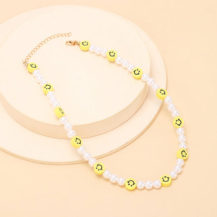 Bohemian Style Smiley Face and White Resin Pearl Necklace