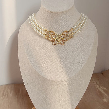 Vintage Multi Layers Pearl Necklace butterfly wings