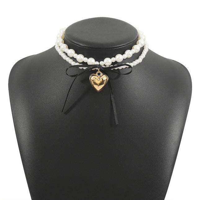 Goth Black Ribbon Bow Heart Pendant Necklace for Women - FASHION SHEGOODS LLC