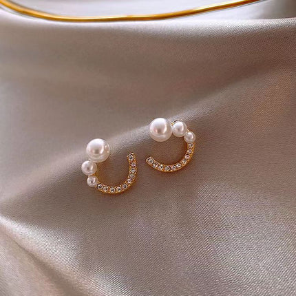 Full Stone Pearl C Shape Stud Earring - FASHION SHEGOODS LLC