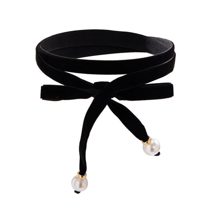 Velvet Pearl Bow Ribbon Choker Simple Long Lace up Choker Necklaces