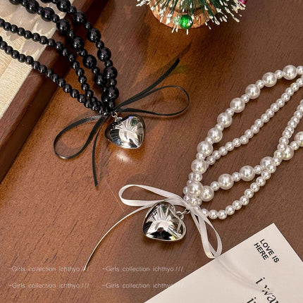Black Ribbon Bow Heart Pendant Necklace for Women